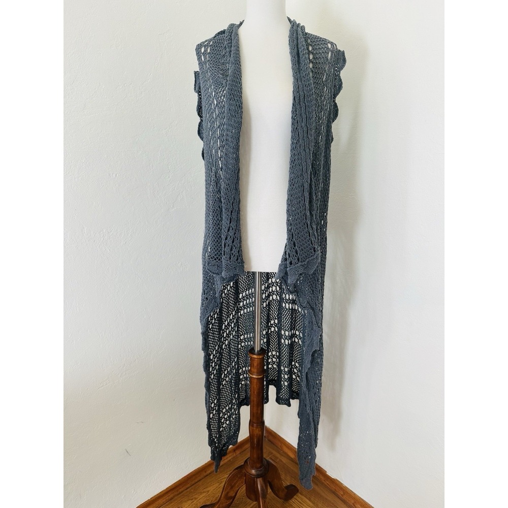 XCVI Open Knit Crochet Vest Womens M/L Blue Drape Boho Layering Cardigan